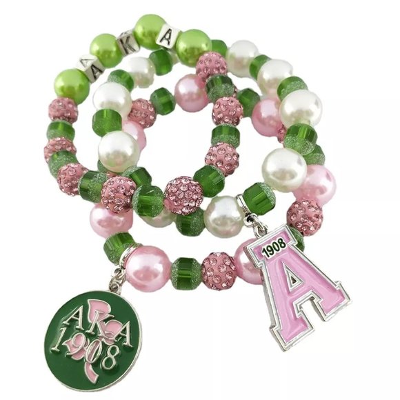 Alpha Kappa Alpha Beaded Bling Charm Bracelet Set of 3 - Picture 1 of 4